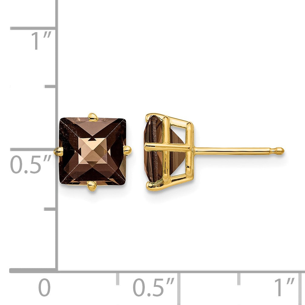 14k 7mm Square Checker-Cut Smoky Quartz Post Earrings