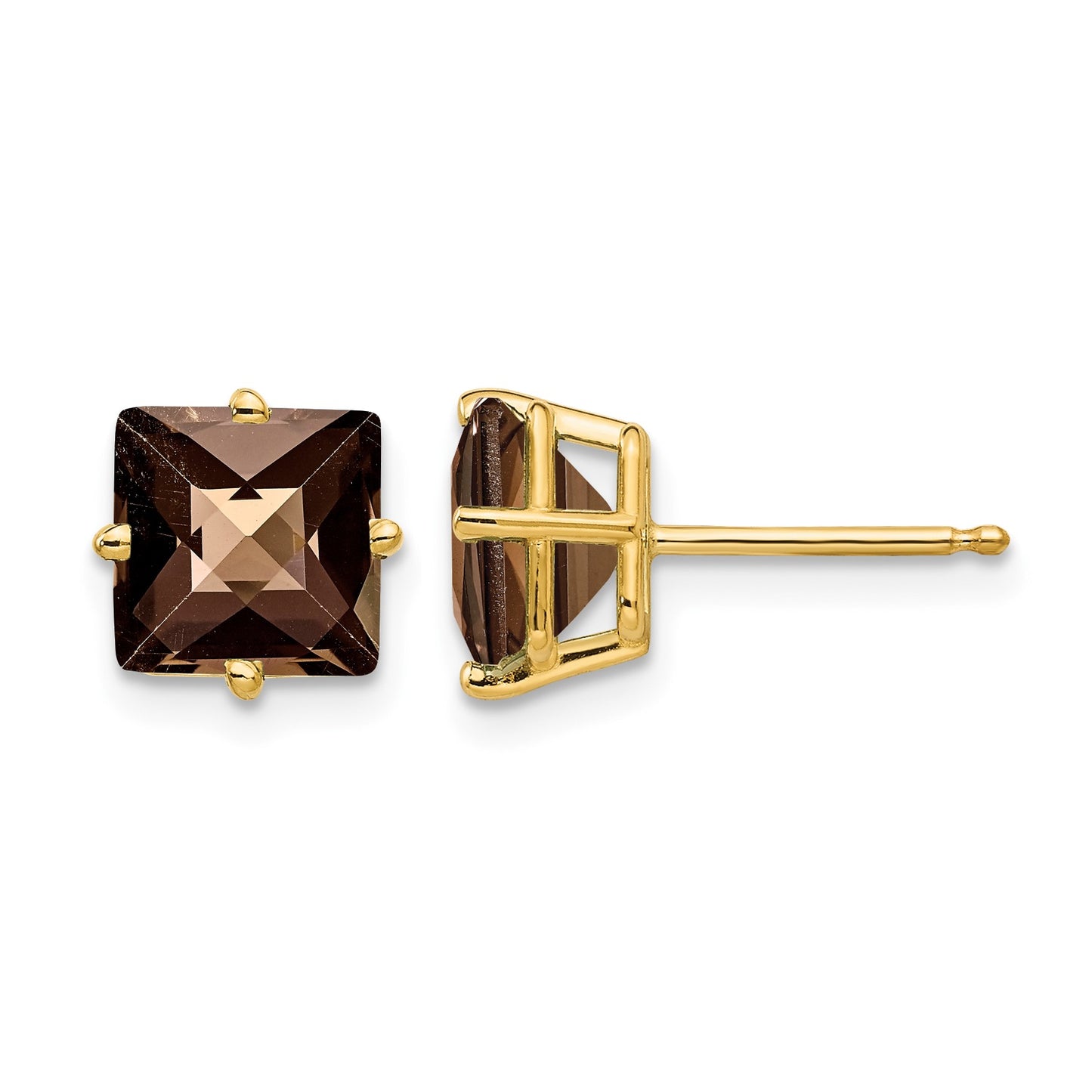 14k 7mm Square Checker-Cut Smoky Quartz Post Earrings