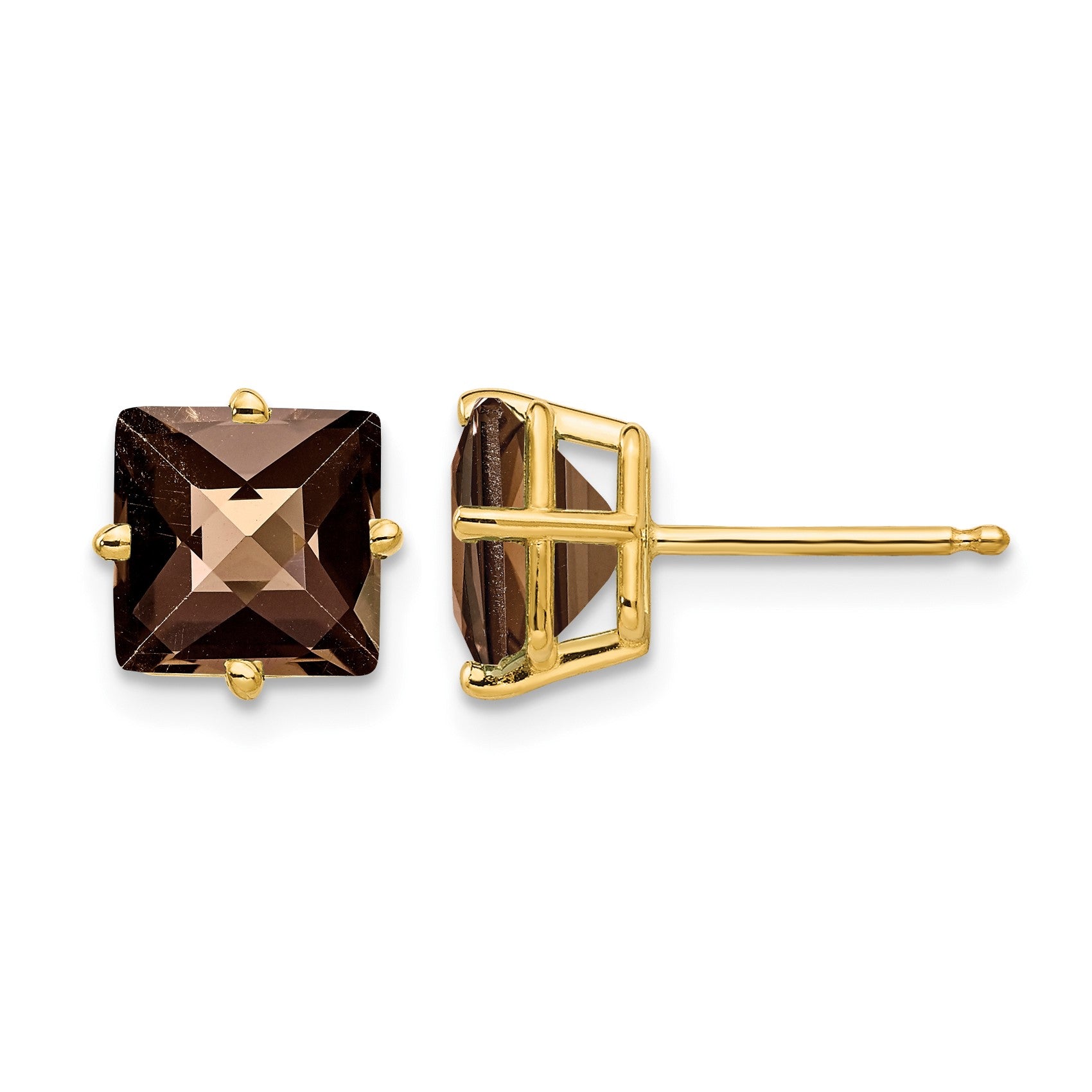 14k 7mm Square Checker-Cut Smoky Quartz Post Earrings