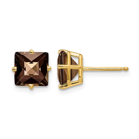 14k 7mm Square Checker-Cut Smoky Quartz Post Earrings