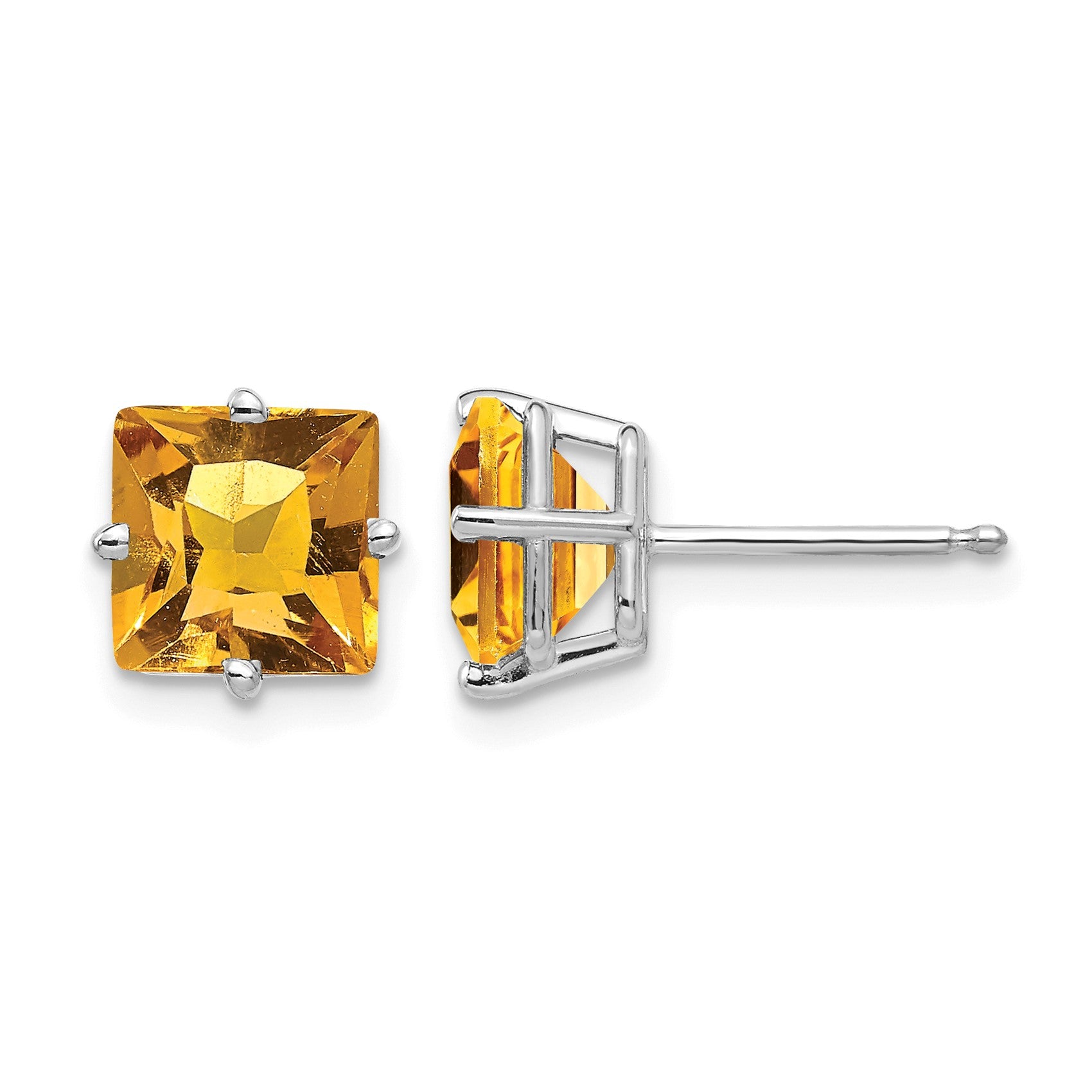 14k White Gold 7mm Princess-cut Citrine Post Earrings