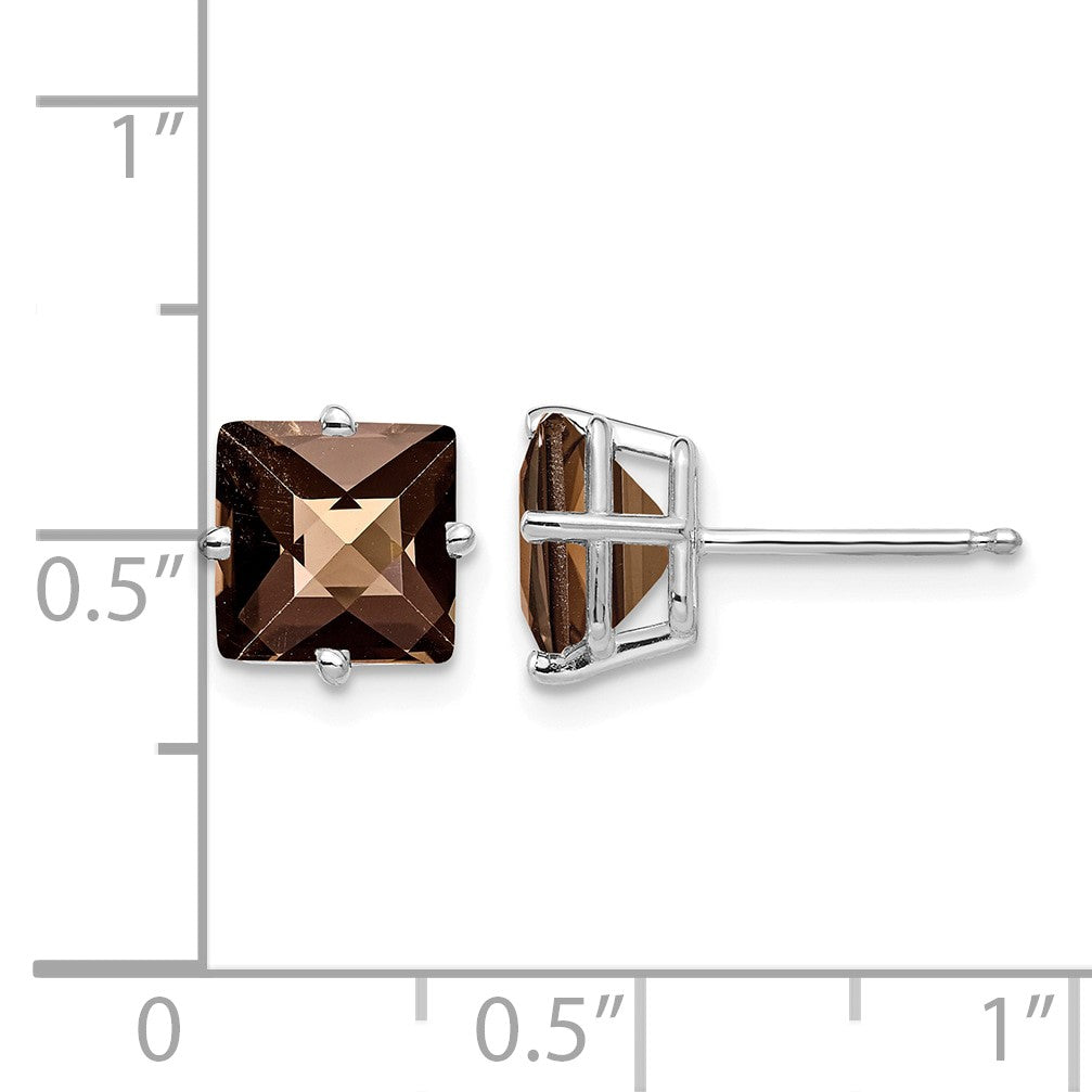14k White Gold 7mm Square Checker-Cut Smoky Quartz Post Earrings