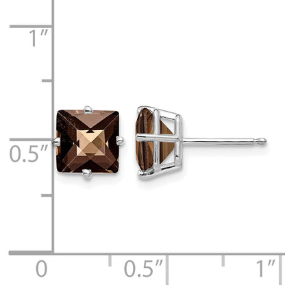 14k White Gold 7mm Square Checker-Cut Smoky Quartz Post Earrings