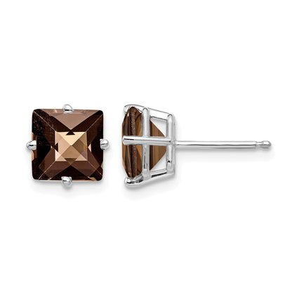 14k White Gold 7mm Square Checker-Cut Smoky Quartz Post Earrings