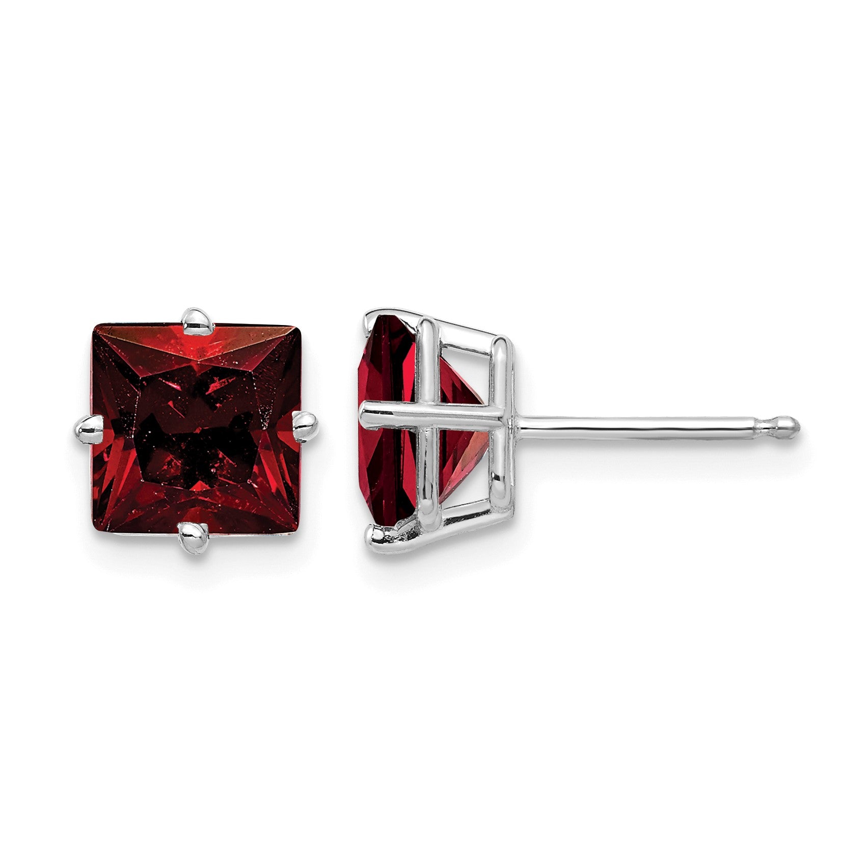 14k White Gold 7mm Princess-cut Garnet Post Earrings