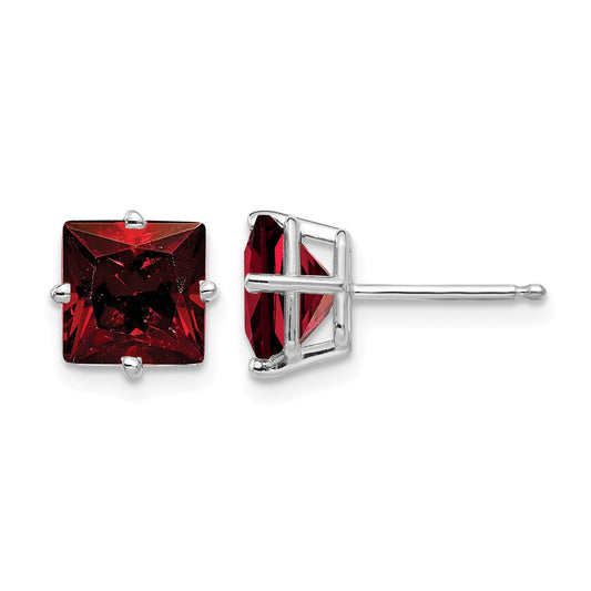14k White Gold 7mm Princess-cut Garnet Post Earrings