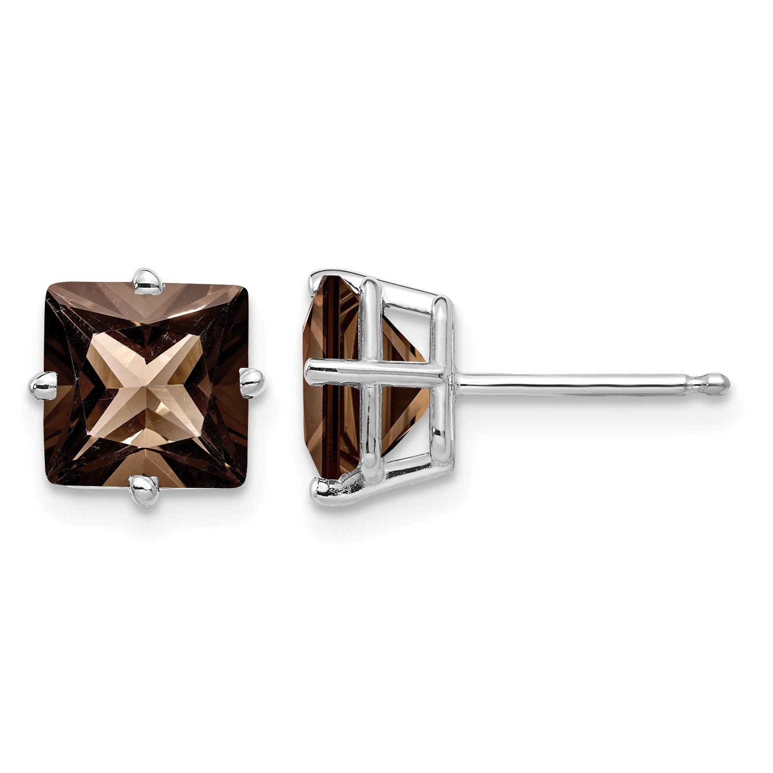 14k White Gold 7mm Square Smoky Quartz Post Earrings