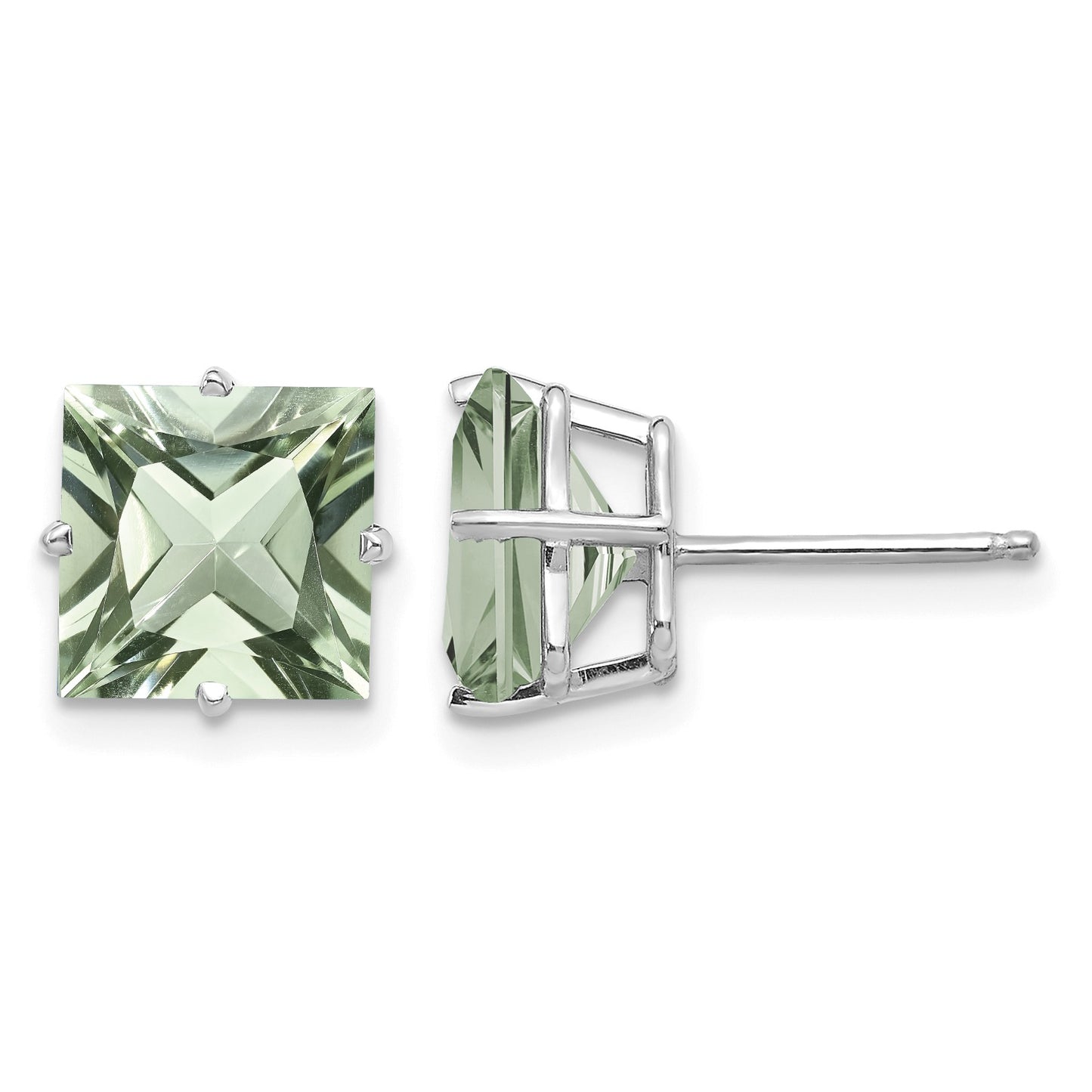 14k White Gold 4-Prong 8mm Princess Green Quartz Post Earrings