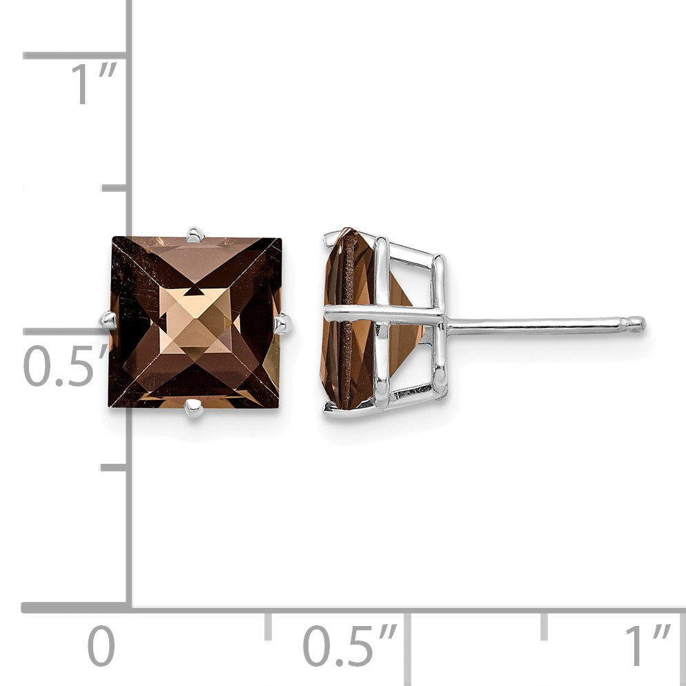 14k White Gold 4-Prong 8mm Princess Checker-Cut Smoky Quartz Post Earrings