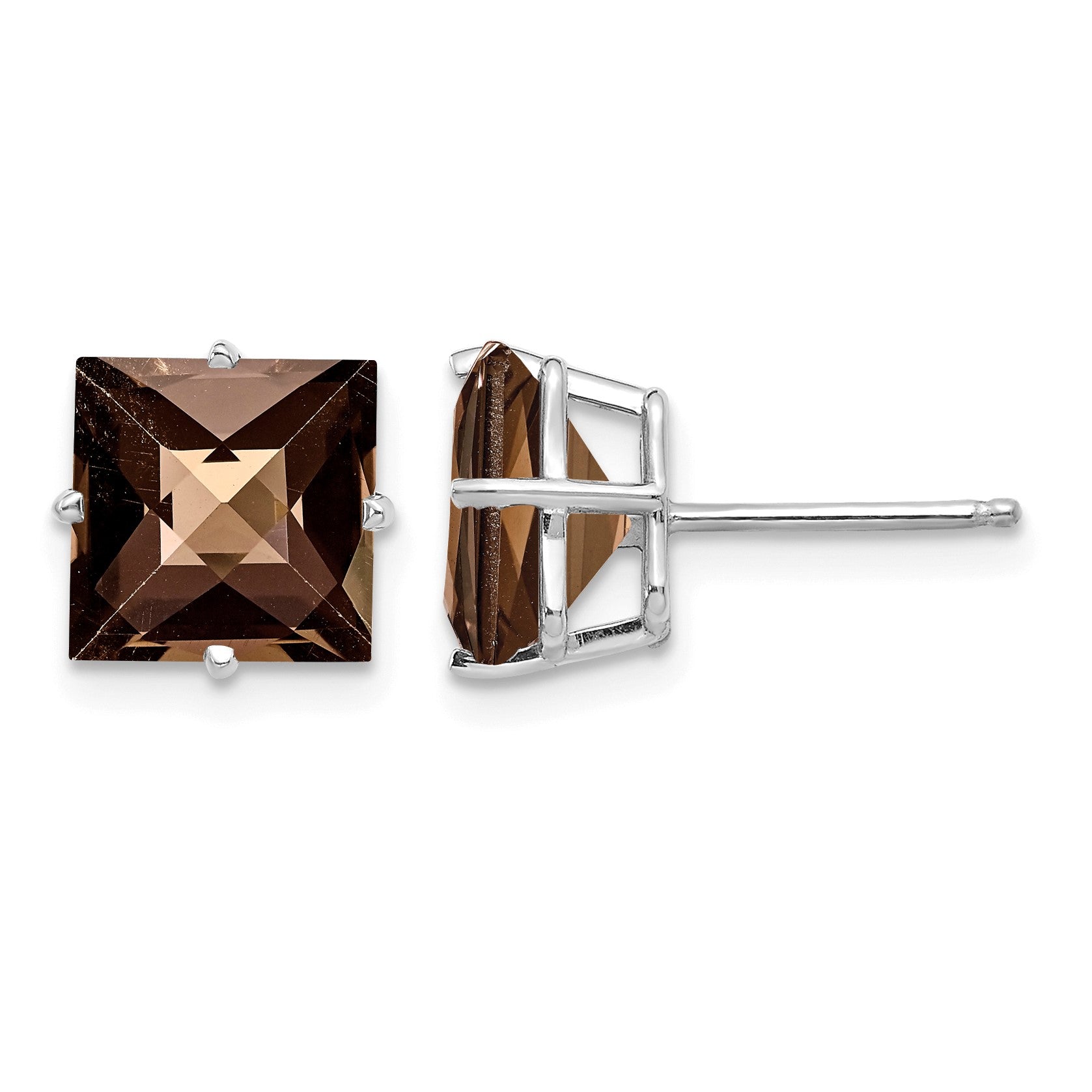 14k White Gold 4-Prong 8mm Princess Checker-Cut Smoky Quartz Post Earrings