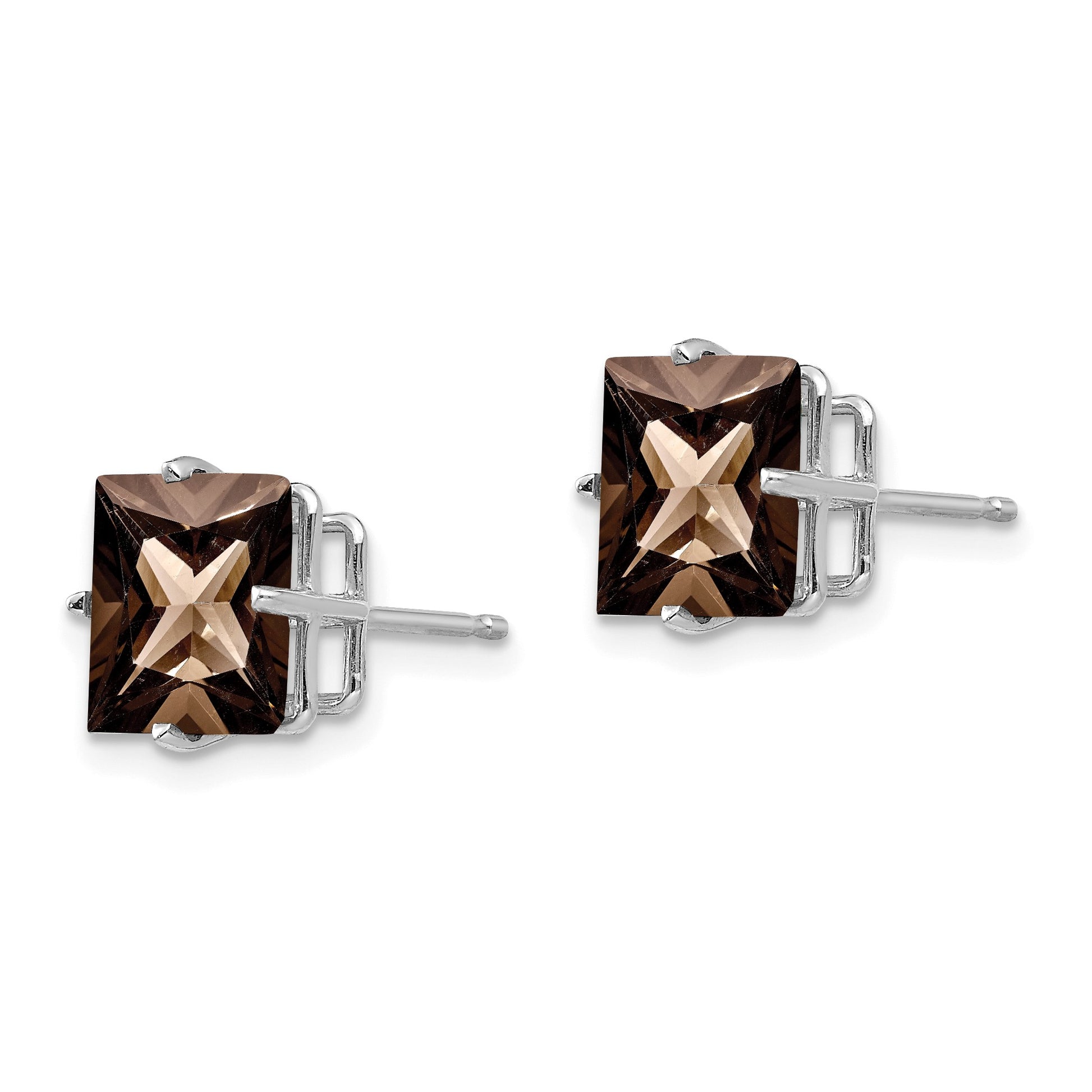 14k White Gold 4-Prong 8mm Princess Smoky Quartz Post Earrings