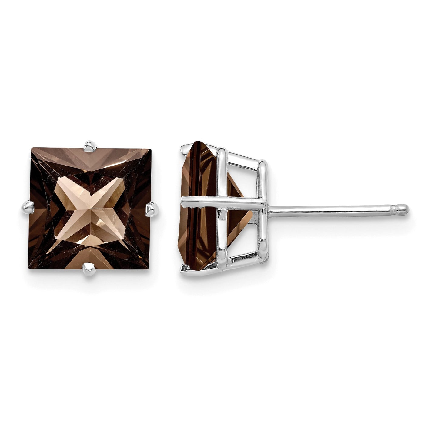 14k White Gold 4-Prong 8mm Princess Smoky Quartz Post Earrings