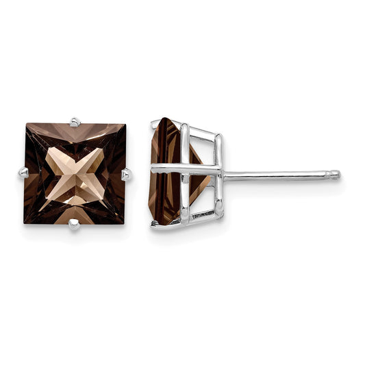 14k White Gold 4-Prong 8mm Princess Smoky Quartz Post Earrings
