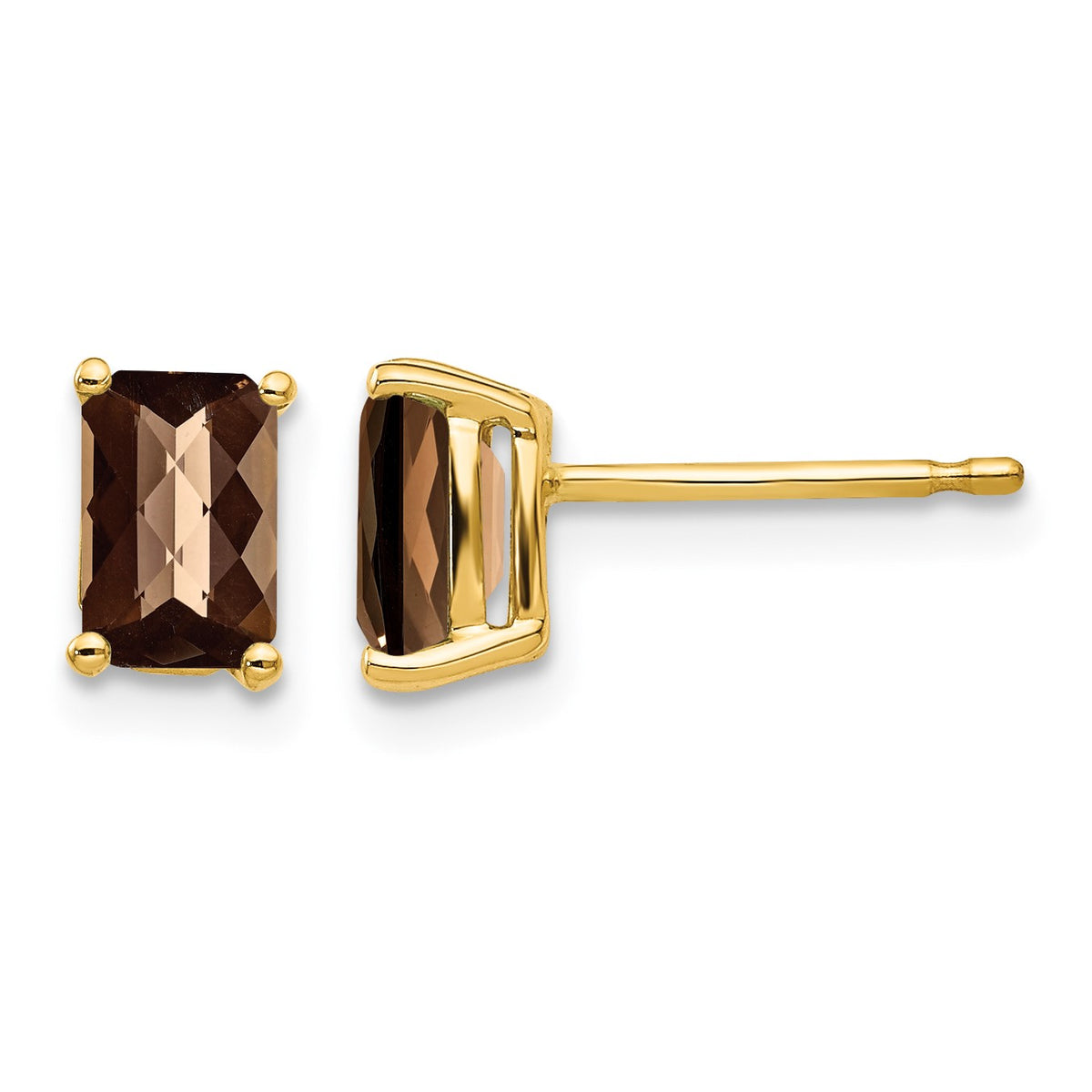 14k 6x4mm Octagon Checker-Cut Smoky Quartz Post Earrings