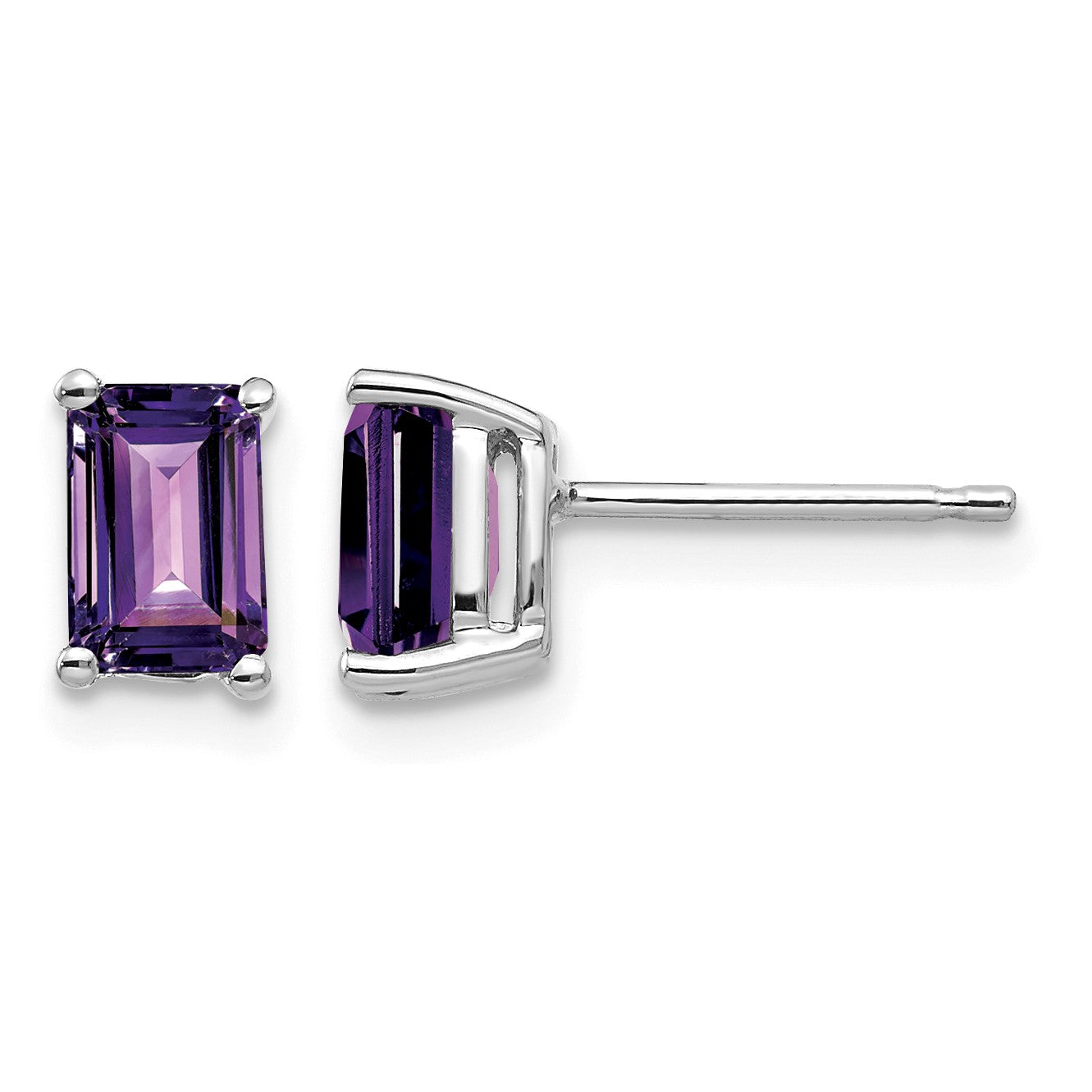 14k White Gold 6x4mm Emerald-cut Amethyst Post Earrings