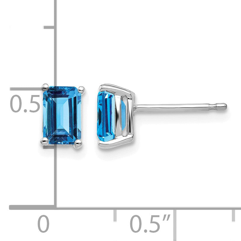 14k White Gold 6x4mm Emerald-cut Blue Topaz Post Earrings