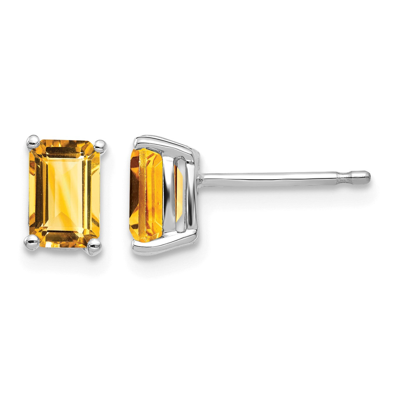 14k White Gold 6x4mm Emerald-cut Citrine Post Earrings
