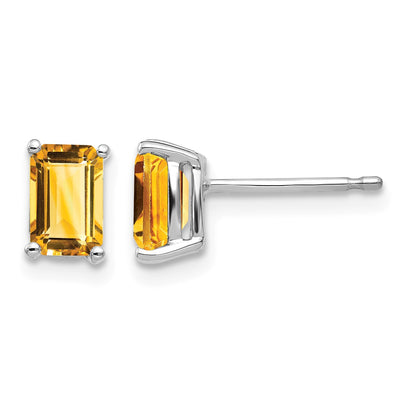 14k White Gold 6x4mm Emerald-cut Citrine Post Earrings
