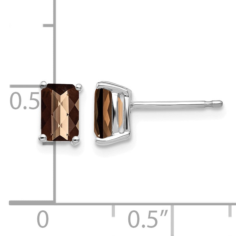 14k White Gold 6x4mm Octagon Checker-Cut Smoky Quartz Post Earrings