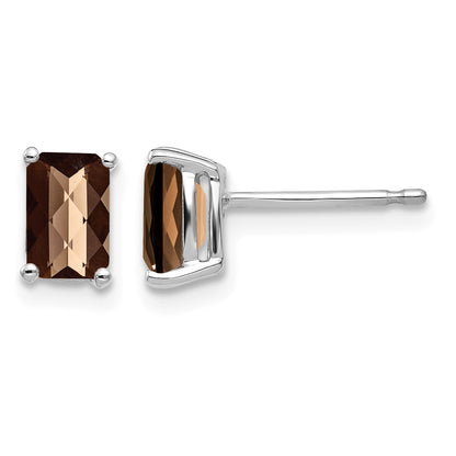 14k White Gold 6x4mm Octagon Checker-Cut Smoky Quartz Post Earrings
