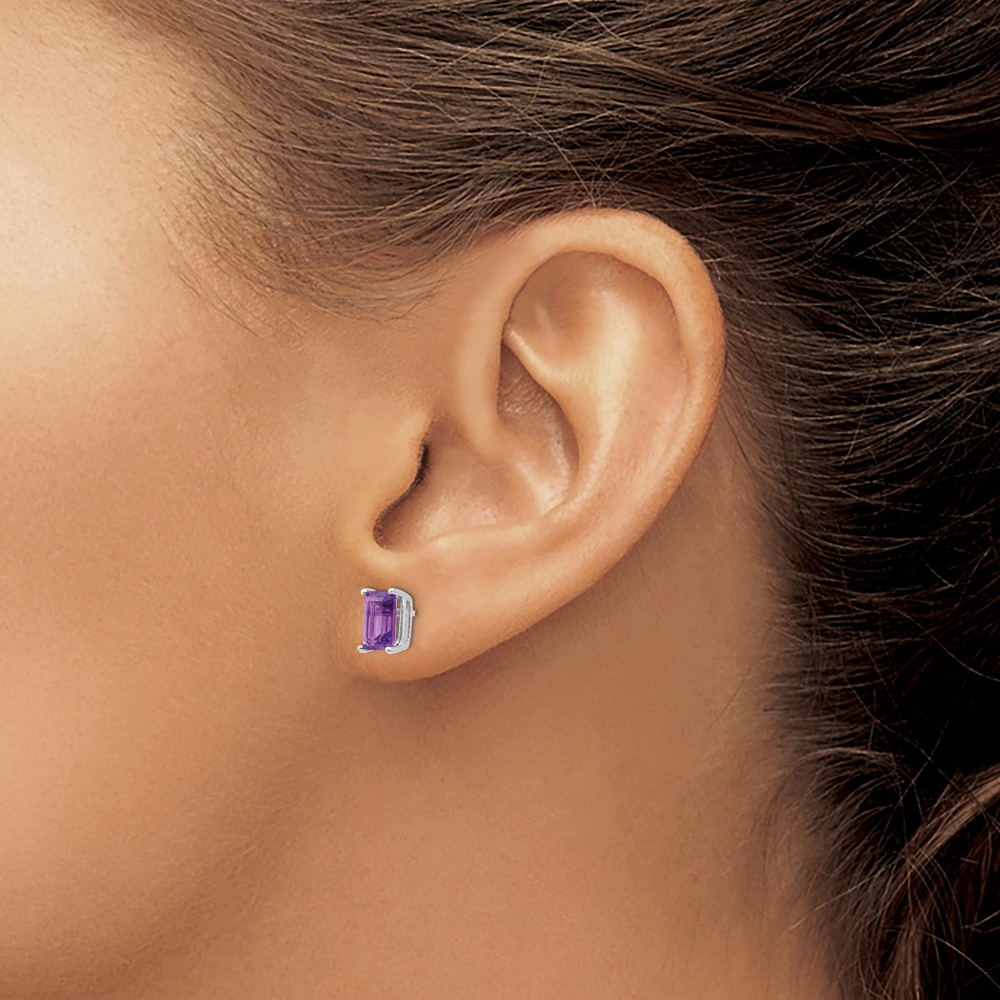 14k White Gold 7x5mm Emerald-Cut Amethyst Post Earrings