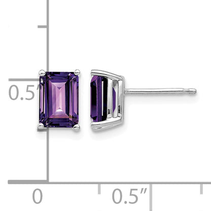 14k White Gold 7x5mm Emerald-Cut Amethyst Post Earrings