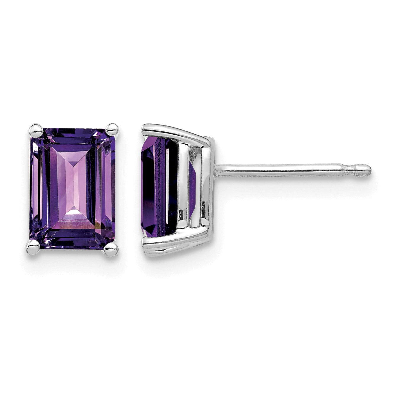 14k White Gold 7x5mm Emerald-Cut Amethyst Post Earrings