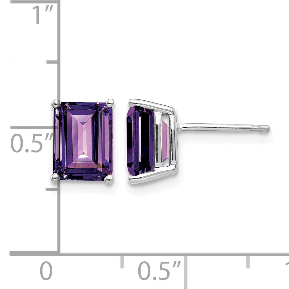 14k White Gold 8x6mm Emerald-Cut Amethyst Post Earrings