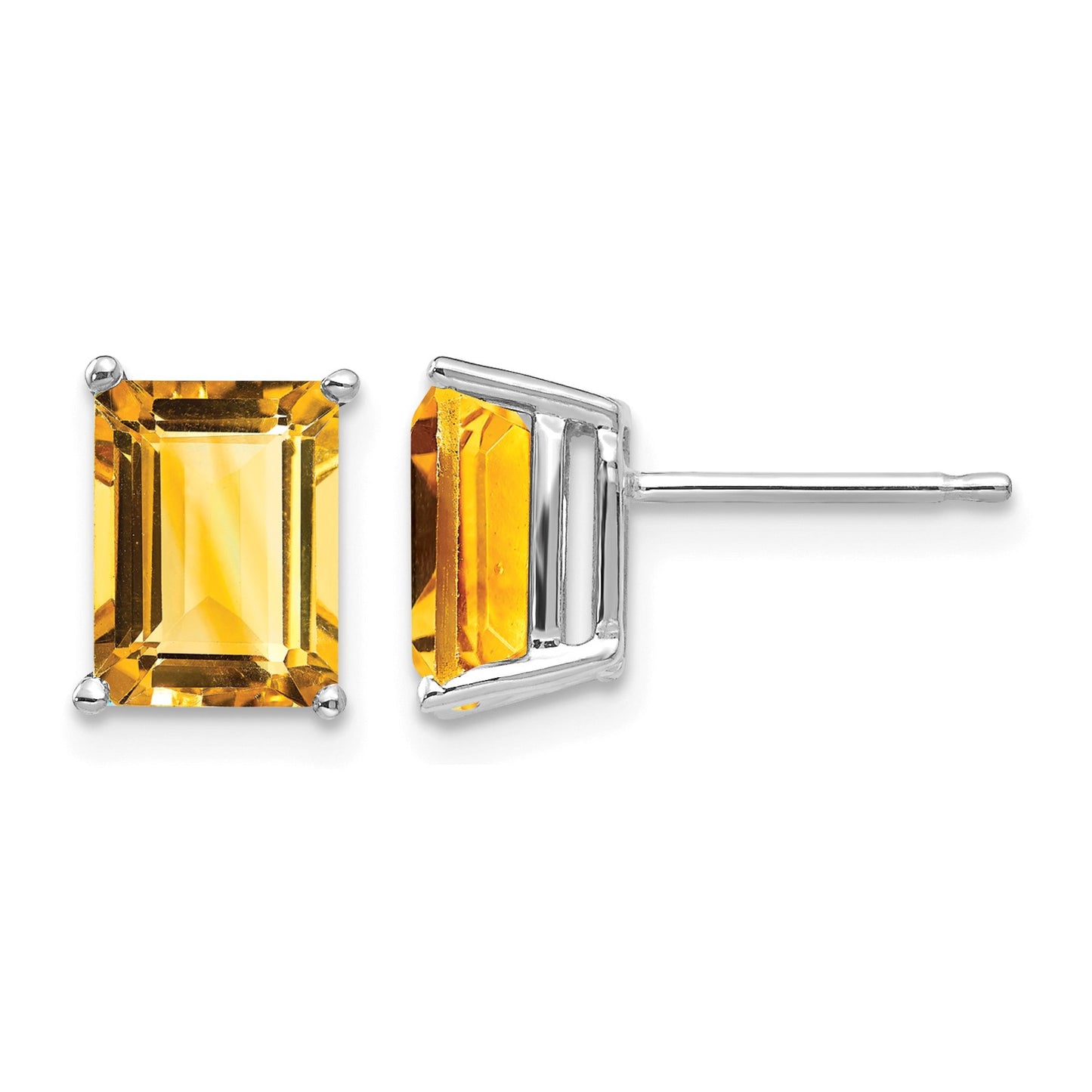 14k White Gold 8x6mm Emerald-Cut Citrine Post Earrings