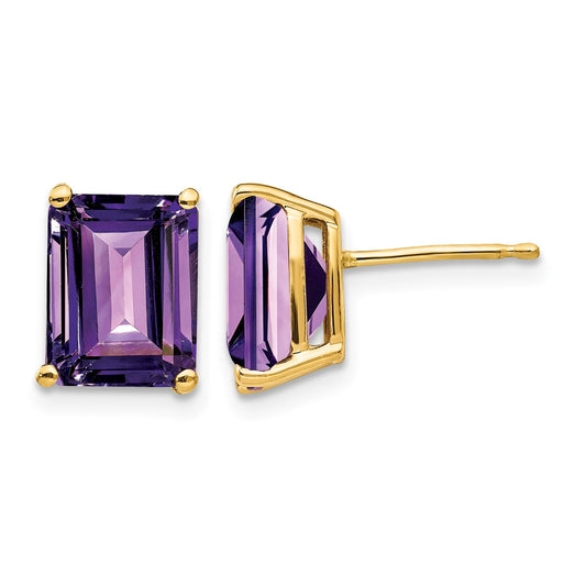 14k 9x7mm Emerald-Cut Amethyst Post Earrings