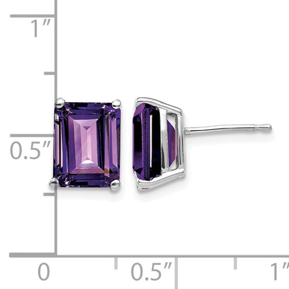 14k White Gold 9x7mm Emerald-Cut Amethyst Post Earrings