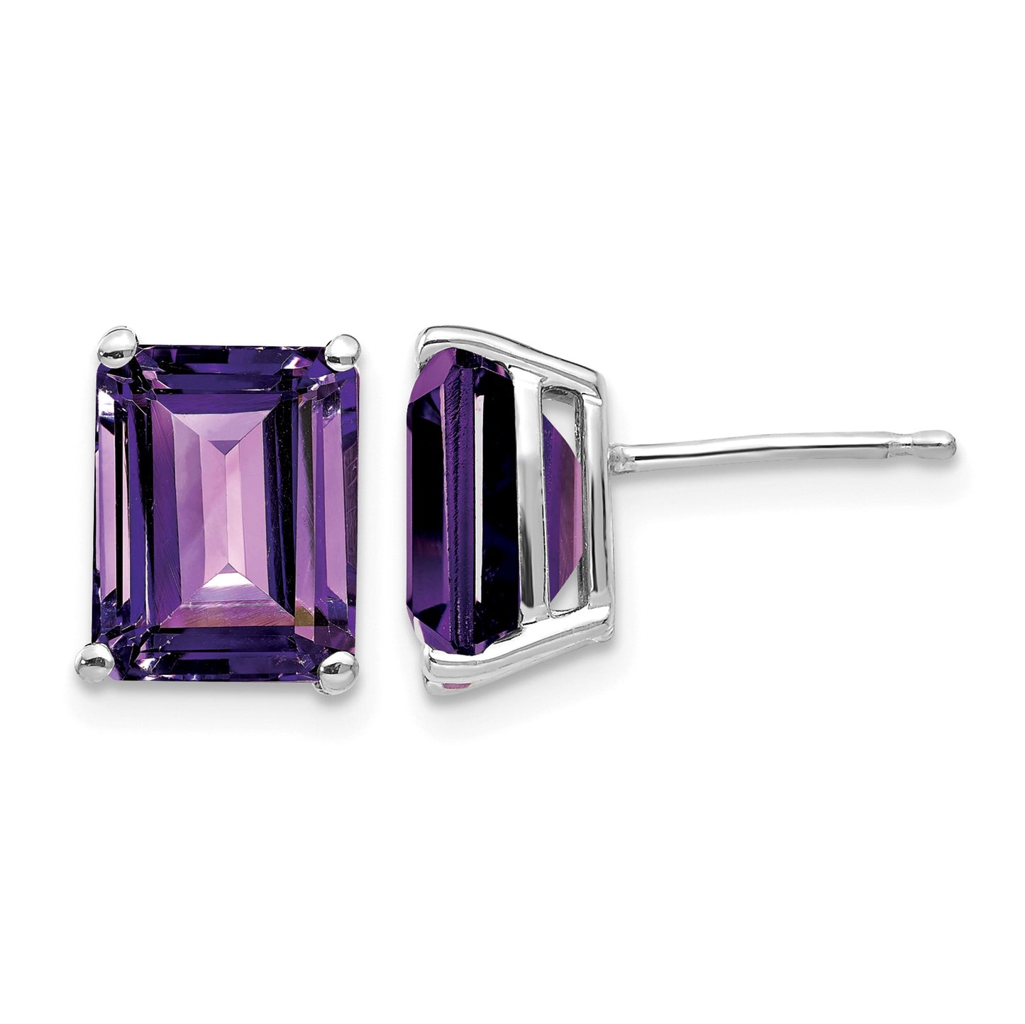 14k White Gold 9x7mm Emerald-Cut Amethyst Post Earrings