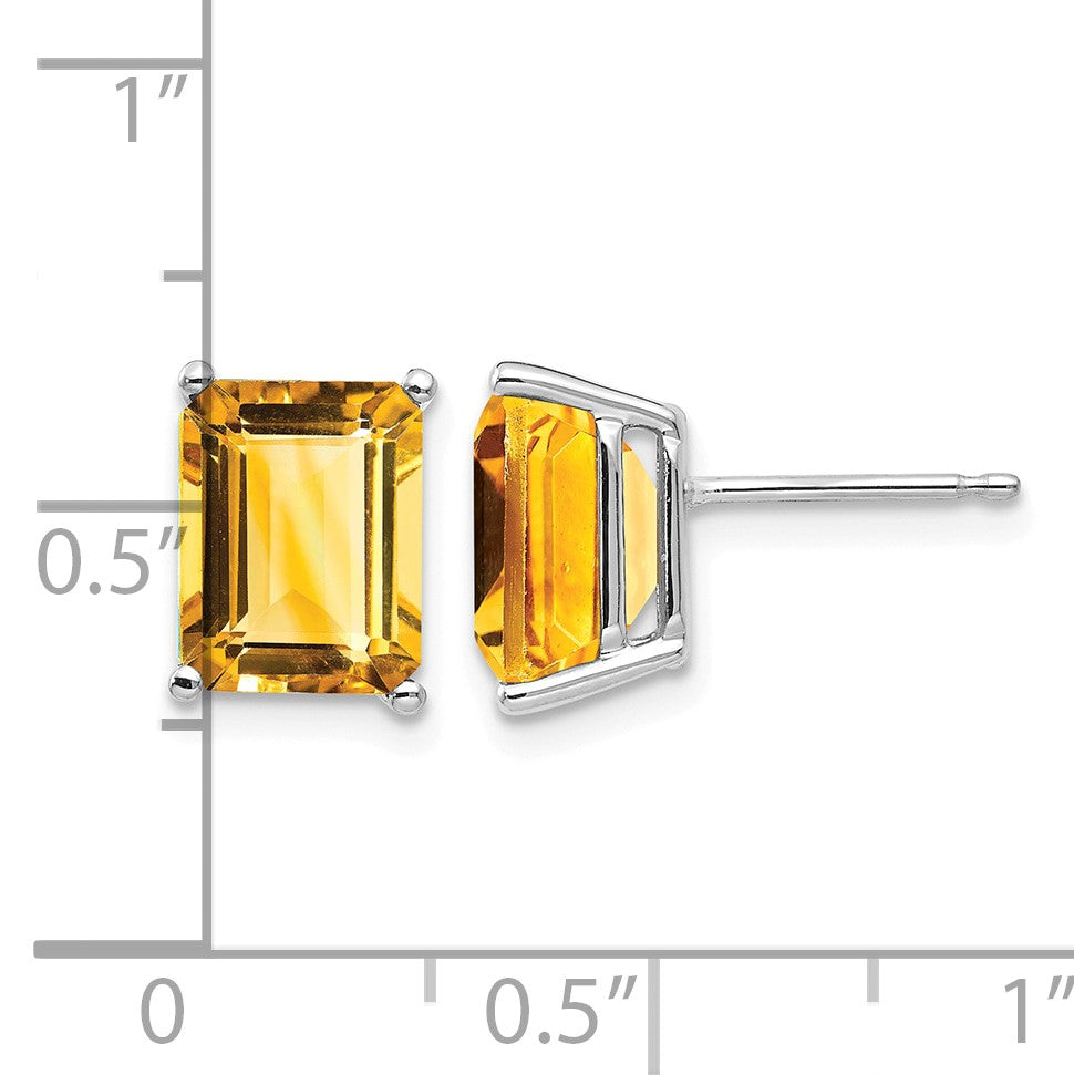 14k White Gold 9x7mm Emerald-Cut Citrine Post Earrings