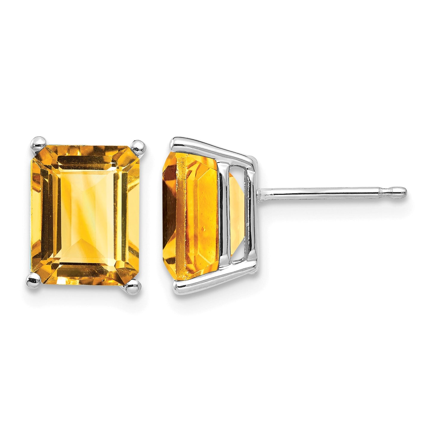 14k White Gold 9x7mm Emerald-Cut Citrine Post Earrings