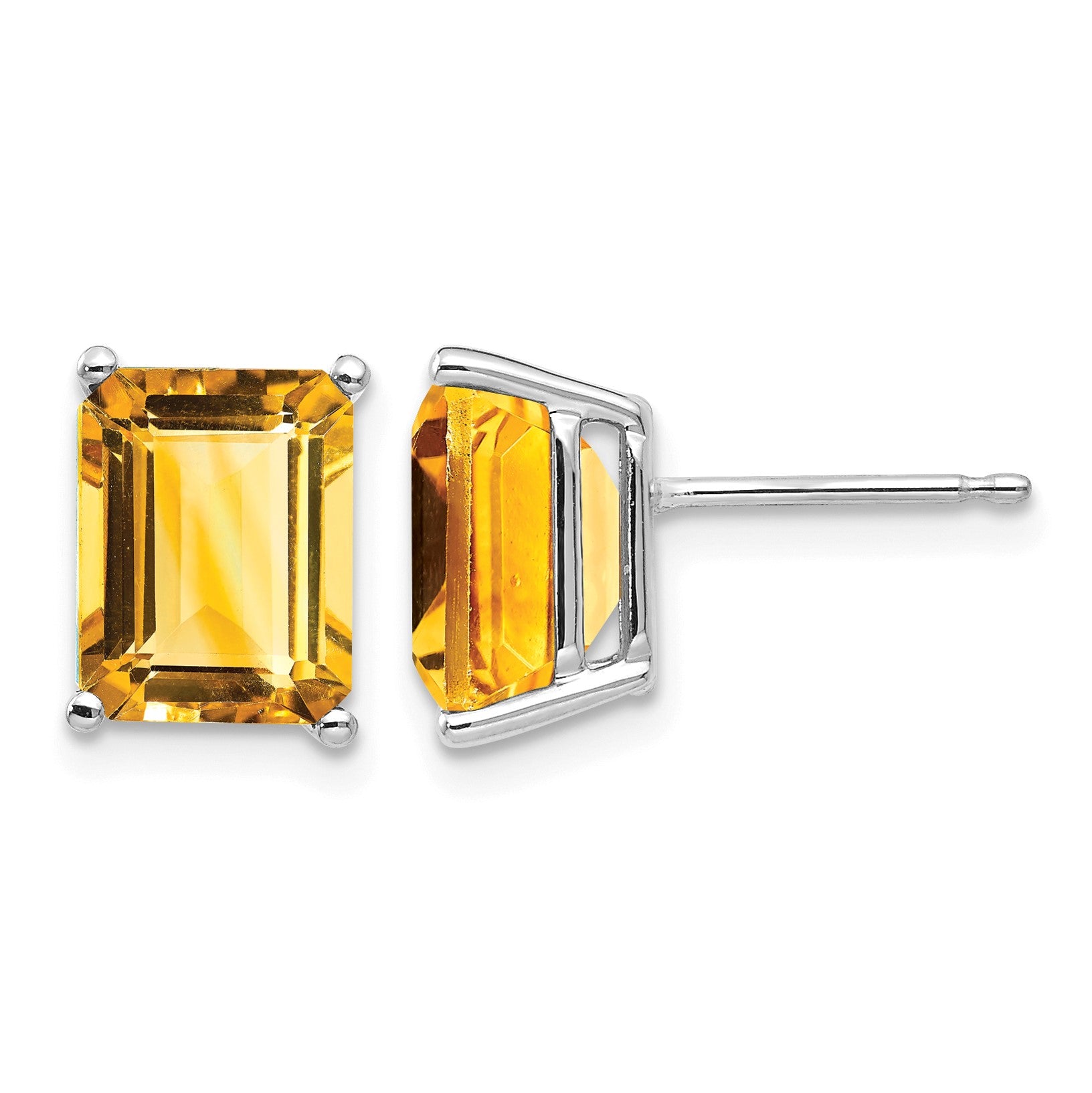 14k White Gold 9x7mm Emerald-Cut Citrine Post Earrings