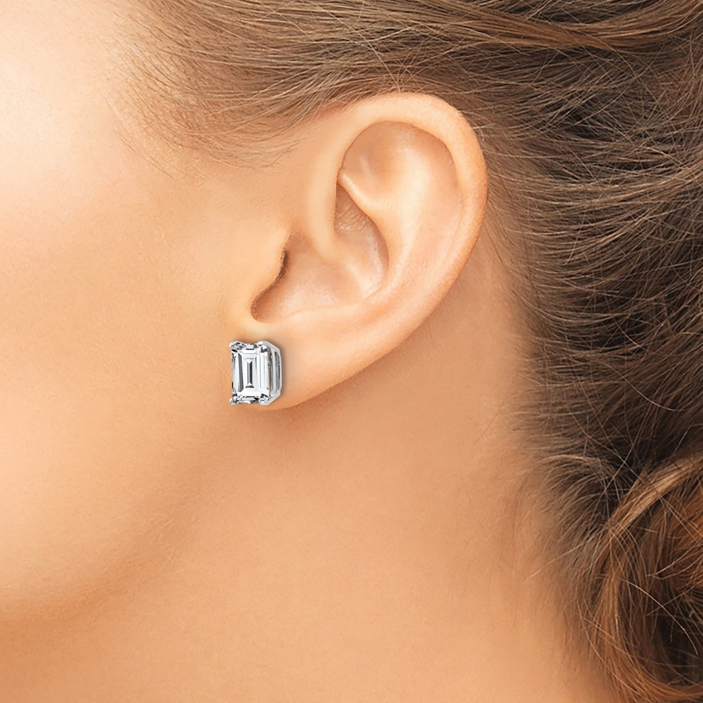 14k White Gold 9x7mm Emerald-Cut Cubic Zirconia Post Earrings