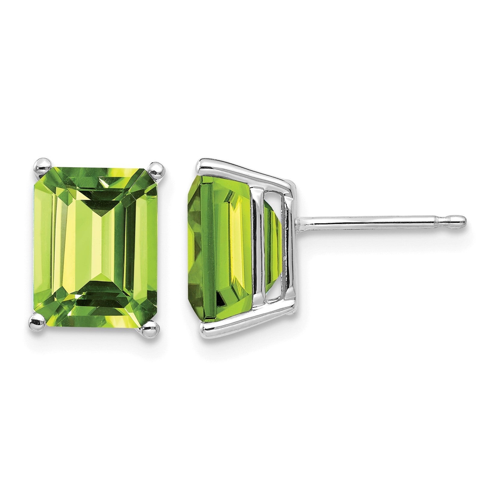 14k White Gold 9x7mm Emerald-Cut Peridot Post Earrings