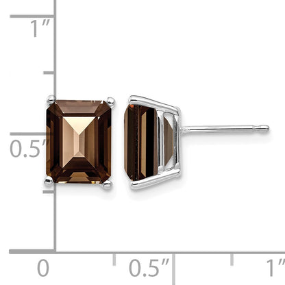 14k White Gold 9x7mm Emerald-cut Smoky Quartz Post Earrings