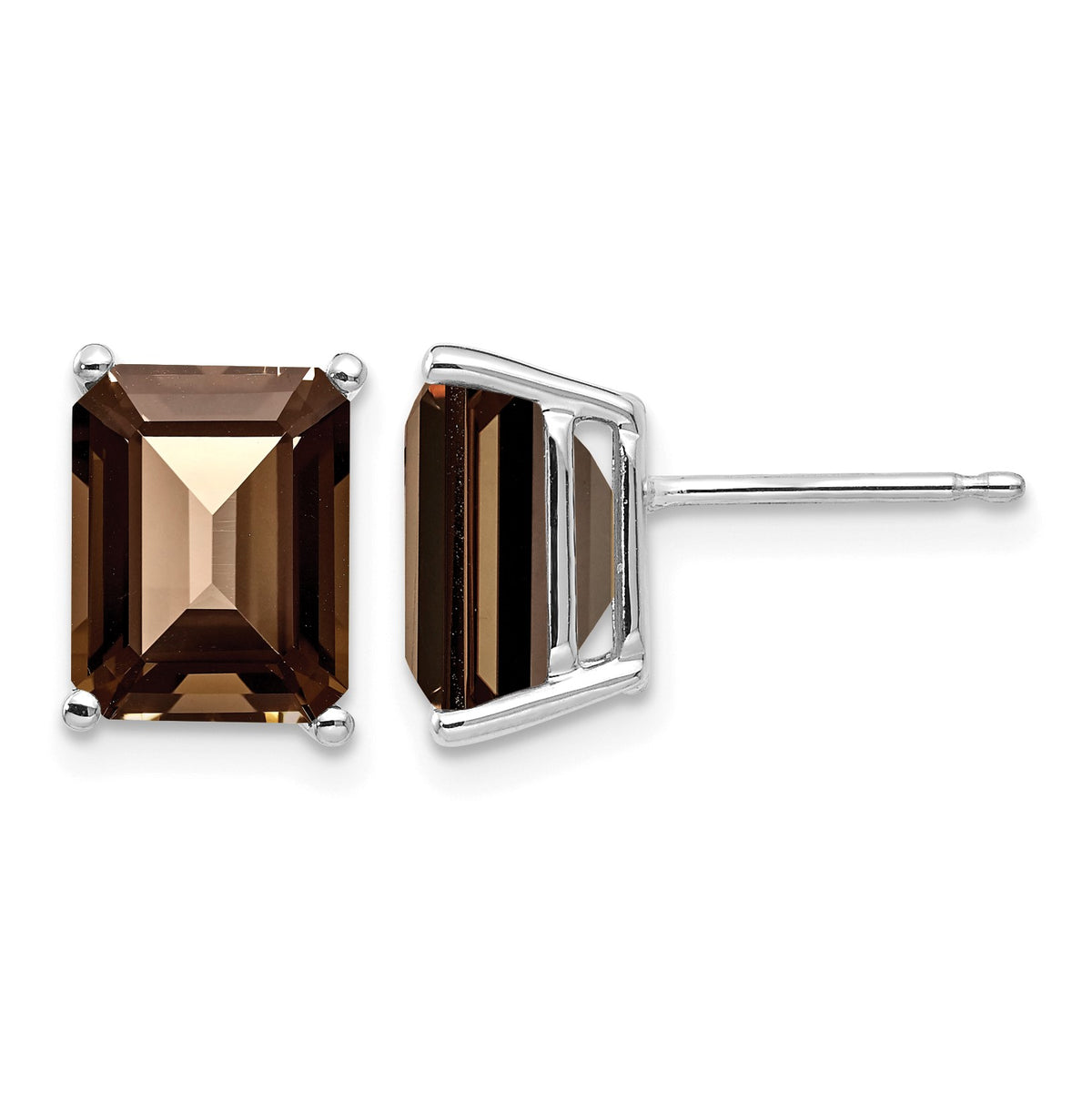14k White Gold 9x7mm Emerald-cut Smoky Quartz Post Earrings