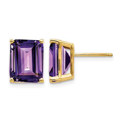 14k 10x8mm Emerald-Cut Amethyst Post Earrings