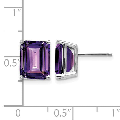 14k White Gold 10x8mm Emerald-Cut Amethyst Stud Post Earrings