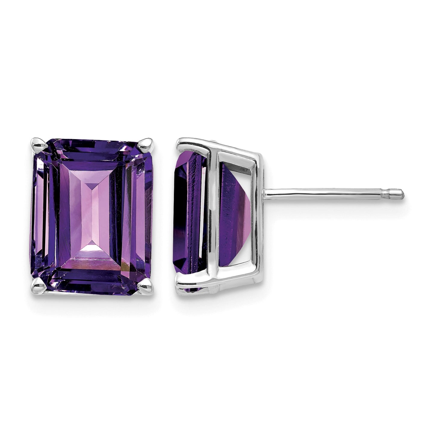 14k White Gold 10x8mm Emerald-Cut Amethyst Stud Post Earrings
