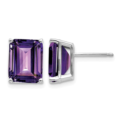 14k White Gold 10x8mm Emerald-Cut Amethyst Stud Post Earrings