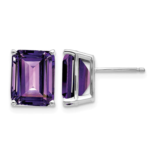 14k White Gold 10x8mm Emerald-Cut Amethyst Stud Post Earrings