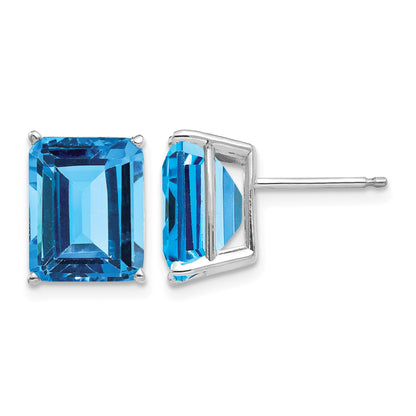 14k White Gold 10x8mm Emerald-Cut Blue Topaz Post Earrings