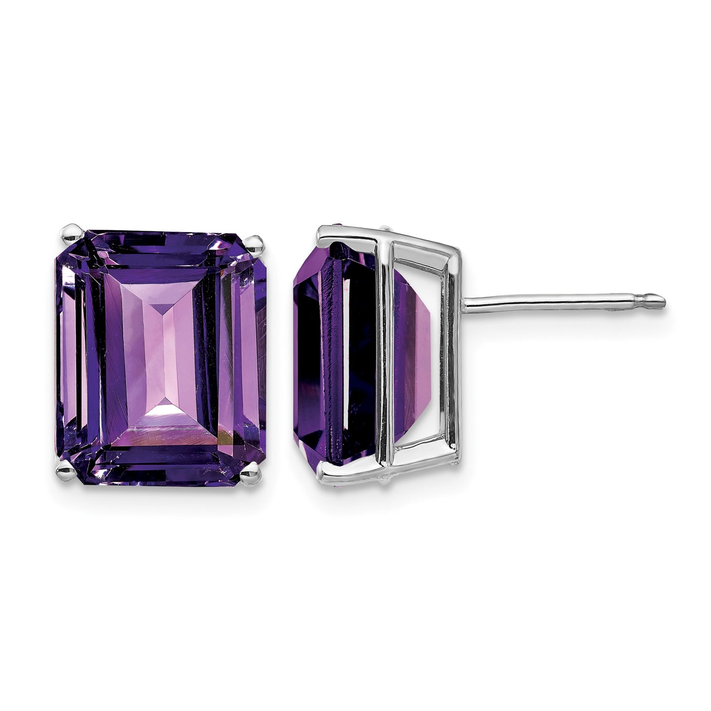 14k White Gold 12x10mm Emerald-Cut Amethyst Post Earrings