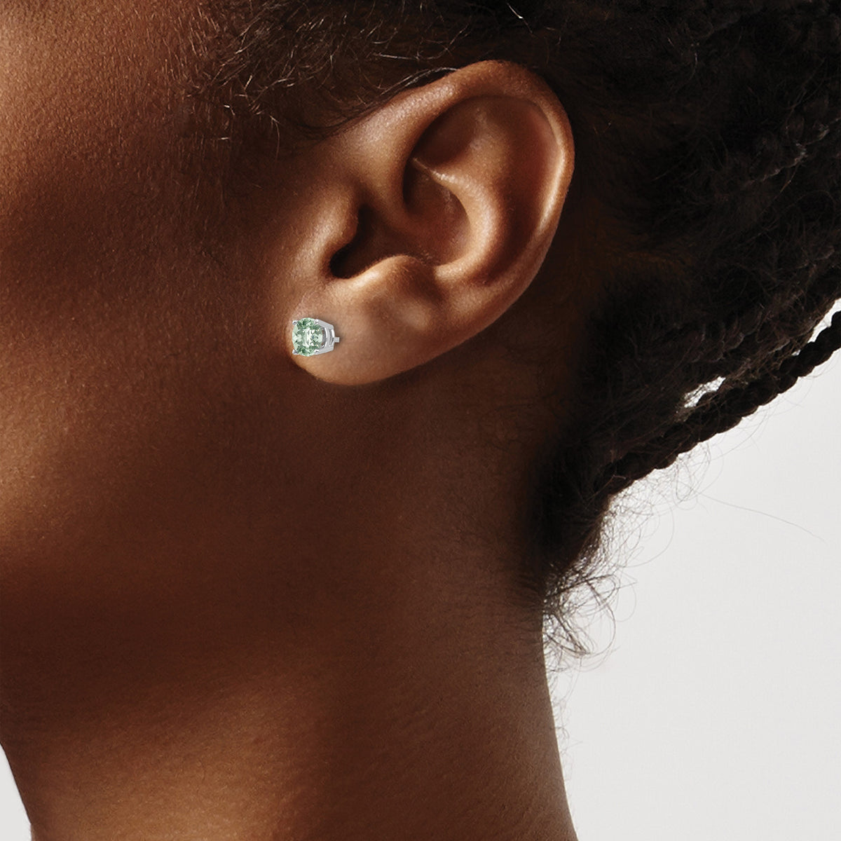 14k White Gold 5mm Round Checker-Cut Green Quartz Post Earrings