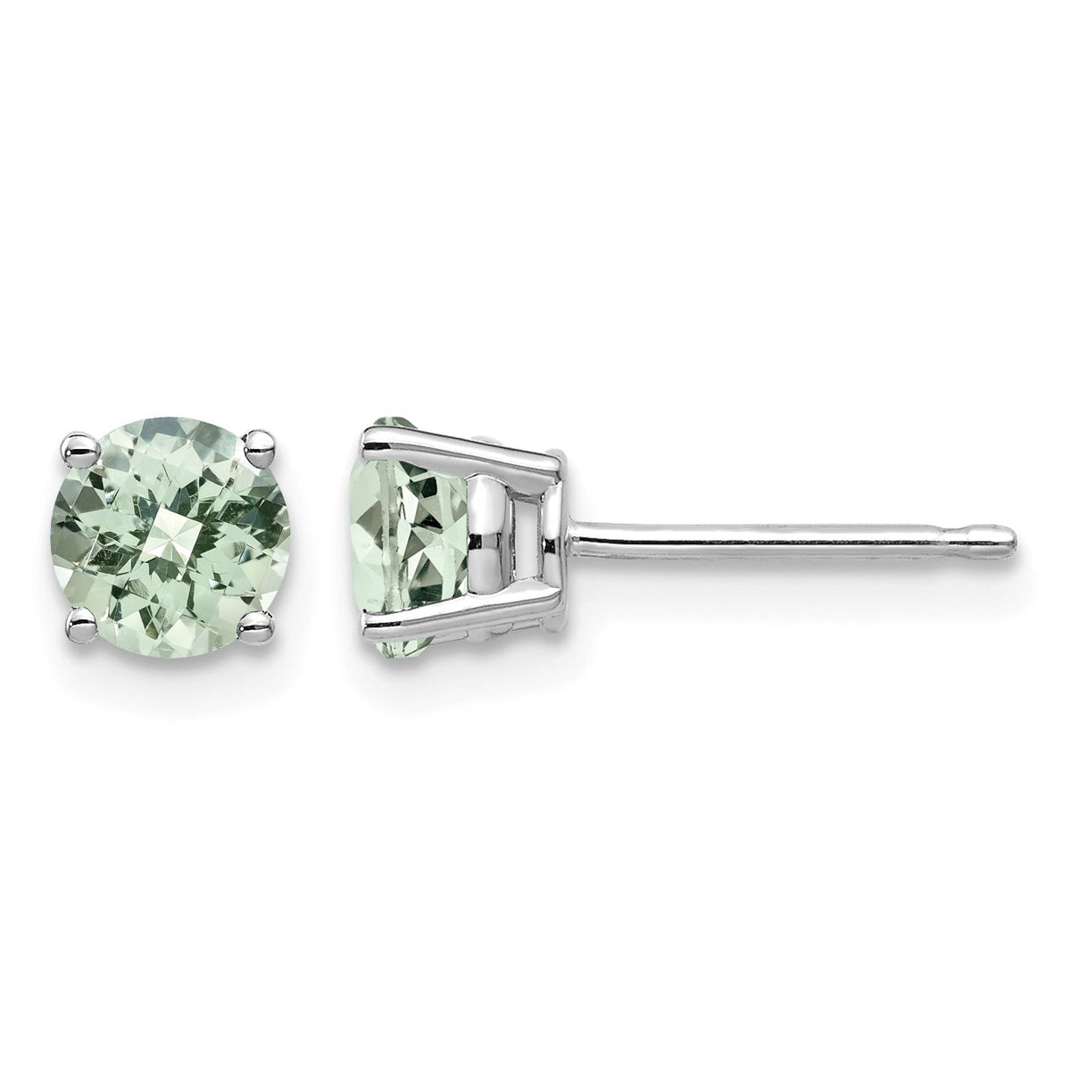 14k White Gold 5mm Round Checker-Cut Green Quartz Post Earrings