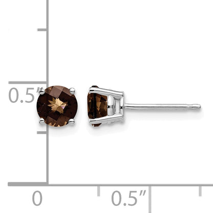 14k White Gold 5mm Round Checker-Cut Smoky Quartz Post Earrings
