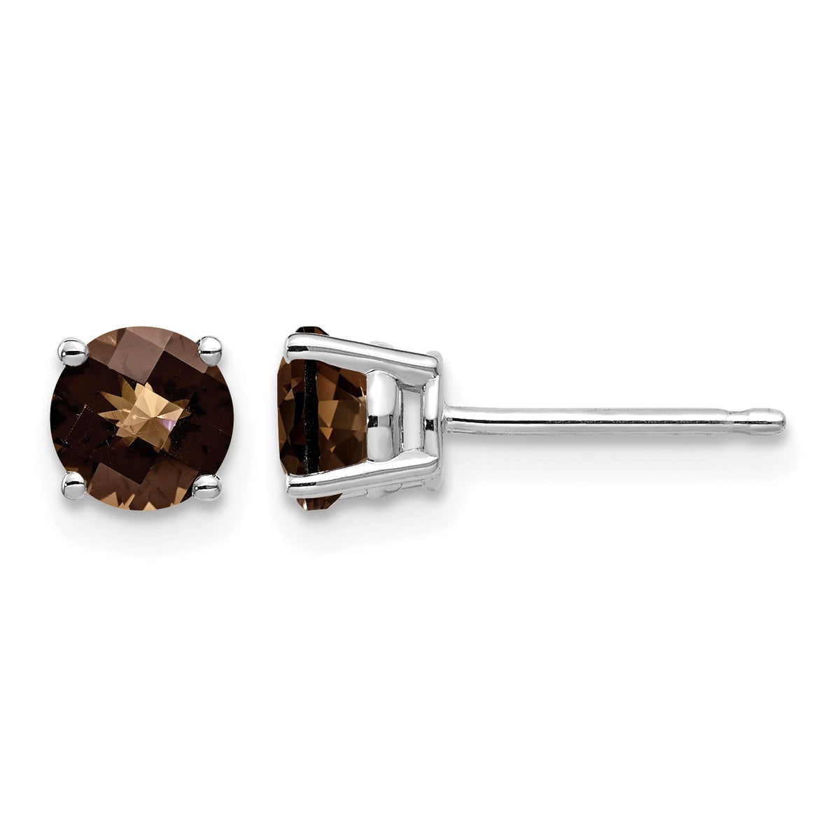 14k White Gold 5mm Round Checker-Cut Smoky Quartz Post Earrings